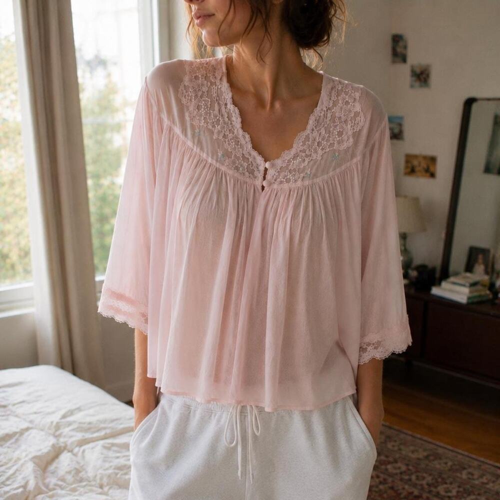 Vintage Shadowline Blush Sheer Lace Bed Jacket NWT 1X
